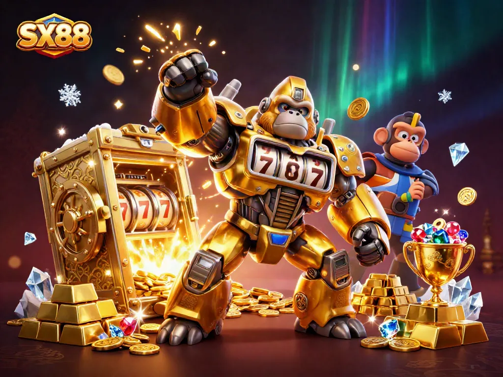 SX88 casino adventure with a golden gorilla mech, floating coins, and treasure elements enriching the gameplay.