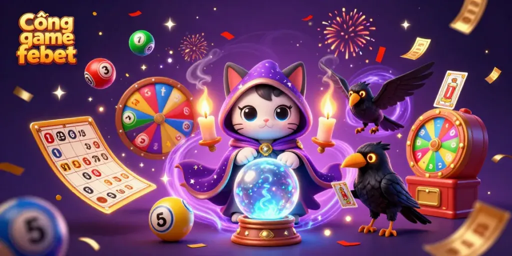 Experience thrilling excitement at Cổng game febet with a vibrant display of lottery balls, cards, and festive elements.