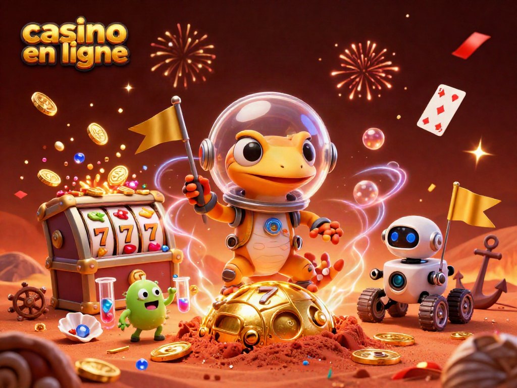 Plonger dans l'univers du casino en ligne avec une illustration captivante d'un gecko martien découvrant un casino doré.