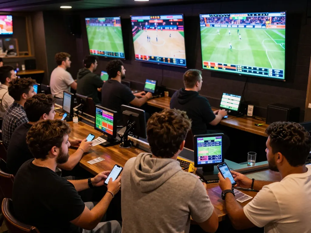 KJC sports bettors strategizing during live games at a vibrant sports bar atmosphere.