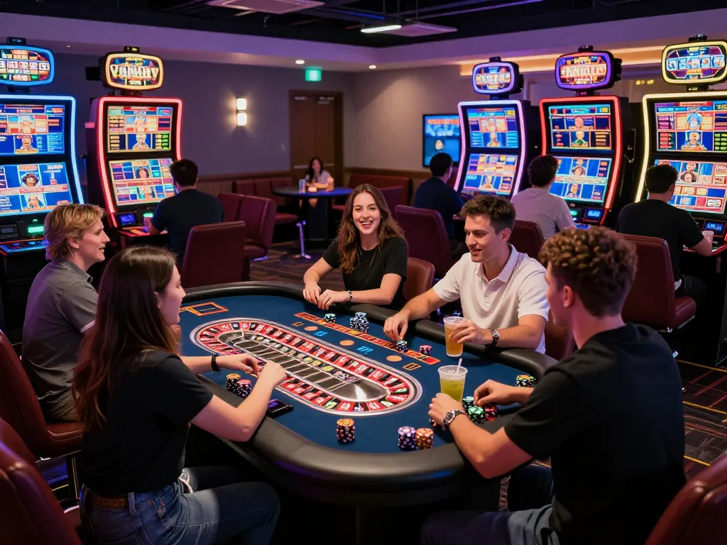 Exciting online gambling experience at https://rr88c.mobi/ with players at live dealer tables and colorful slot machines.