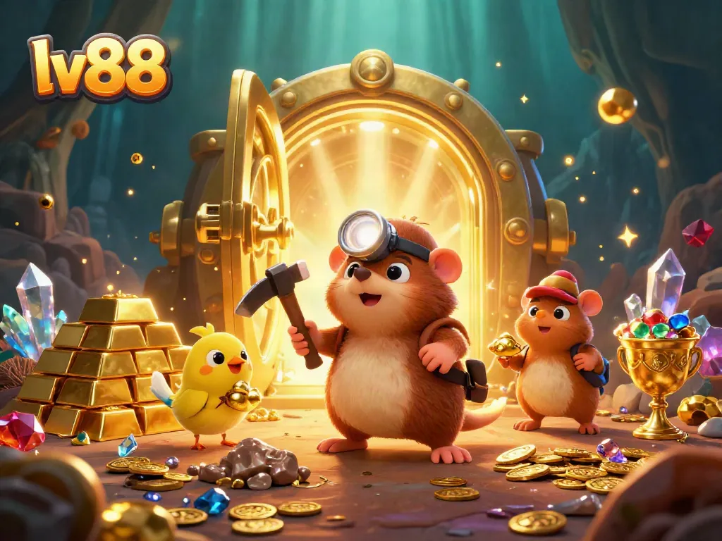 Experience the thrill of lv88 casino with treasure hunters, gems, and gold in this vibrant 3D scene.