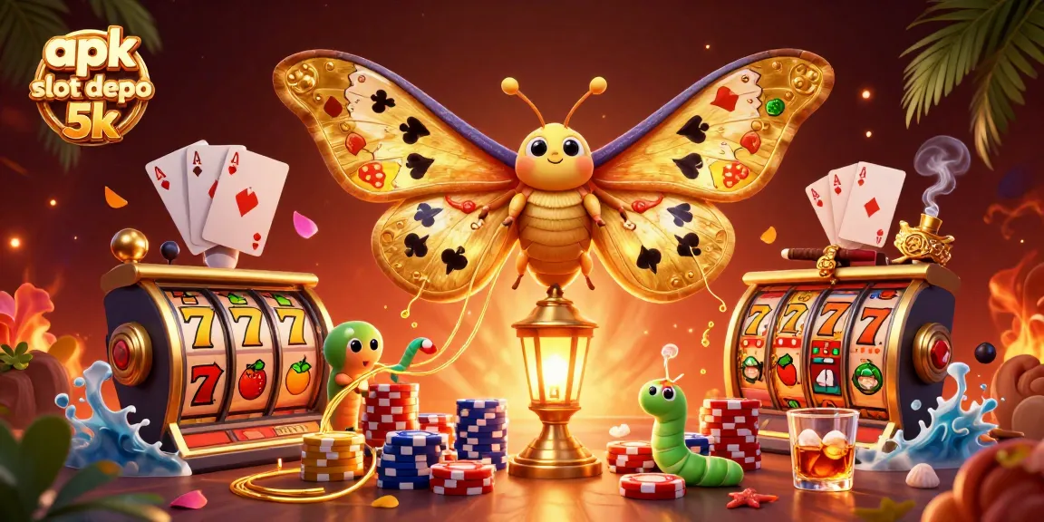 Experience the thrill of apk slot depo 5k with a 3D scene of golden moths and vibrant casino elements.