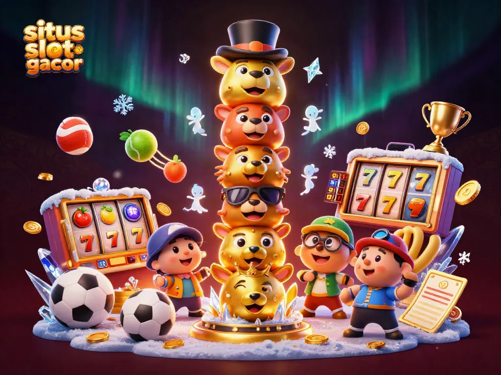 Experience the excitement of situs slot gacor with a dynamic 3D casino illustration showcasing winning elements and vibrant characters.