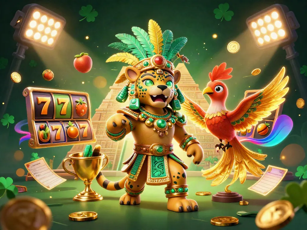 Experience exciting gameplay at edatoto with a vibrant Mayan jaguar priest and quetzal bird in a thrilling slot scene.