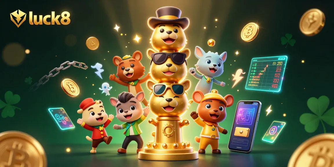 Engage with luck8's thrilling casino experience featuring a vibrant 3D totem and cryptocurrency elements.