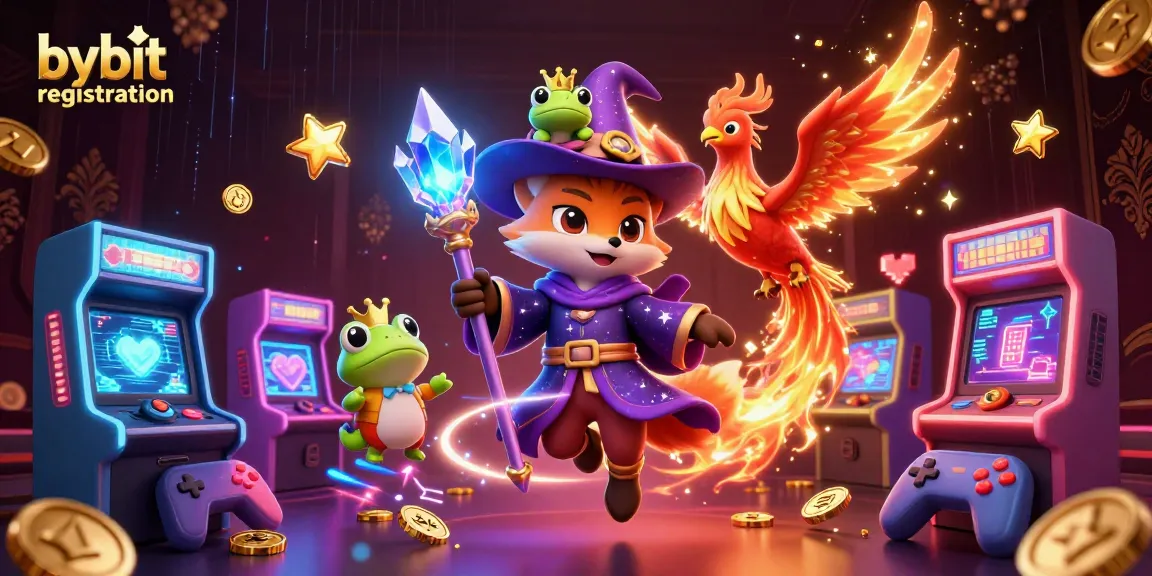 Engage in bybit registration with a mystical fox wizard and phoenix in a vibrant casino-themed scene.