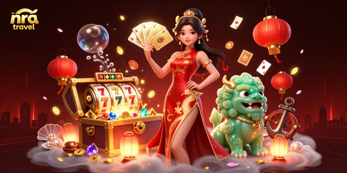 Play golden cards with nra travel in a vibrant casino scene with dynamic elements and a stunning woman.