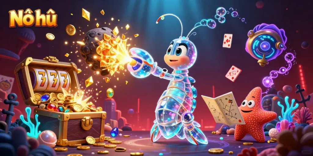 Nổ hũ jackpot scene with a galactic samurai mantis shrimp and vibrant casino elements.