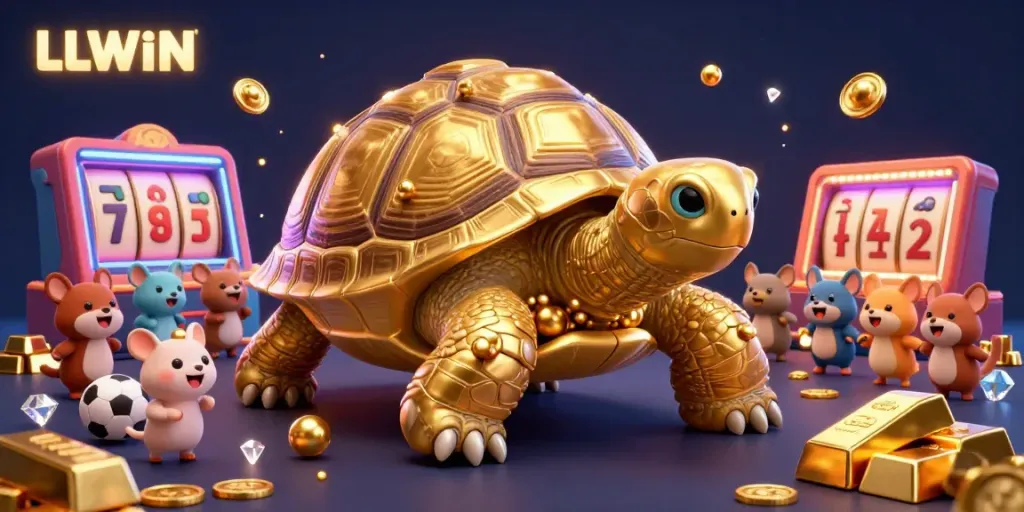 Experience the excitement of LLWIN with a cartoon tortoise pinball machine surrounded by vibrant casino elements.