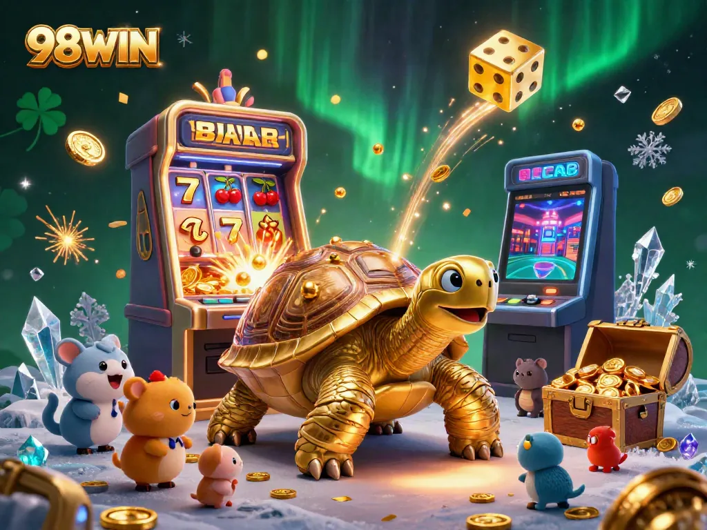 Immerse in ultimate gaming fun with 98WIN's lively illustration showcasing vibrant casino energy and excitement.