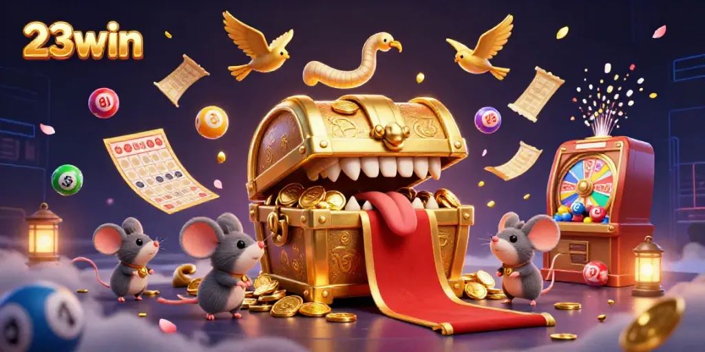 Engage with 23win's vibrant world of gaming riches, featuring dynamic lottery elements and treasure chests.