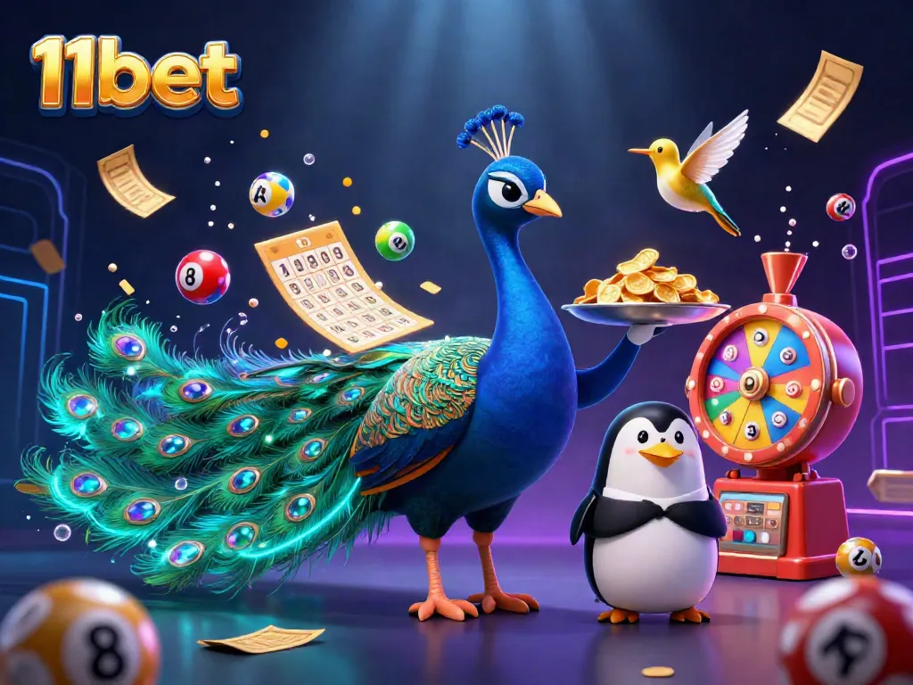 Experience the excitement of 11bet with a vibrant 3D scene featuring colorful lottery elements and animated characters.