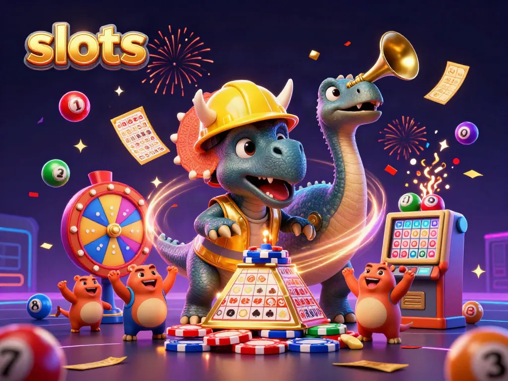 Celebrate with slots in this vibrant casino-themed illustration featuring a triceratops and colorful elements.