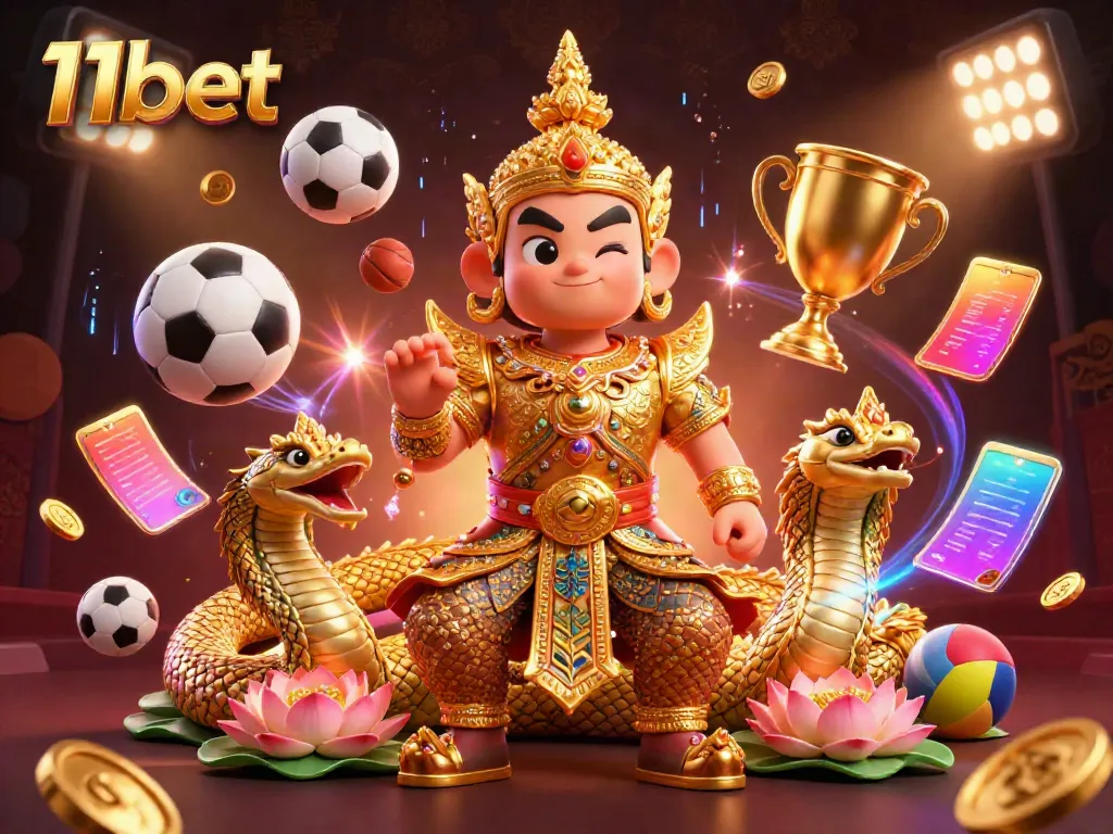 Experience thrilling gaming action with 11bet's vibrant 3D casino illustration showcasing a temple guardian and sports elements.