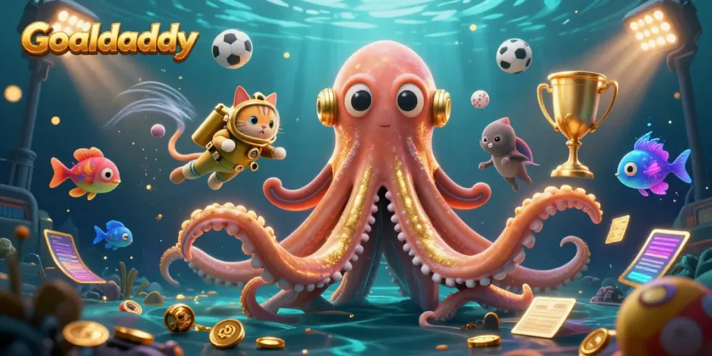 Goaldaddy brings excitement with a vibrant scene of a kraken, diving cat, and sports elements in dynamic composition.
