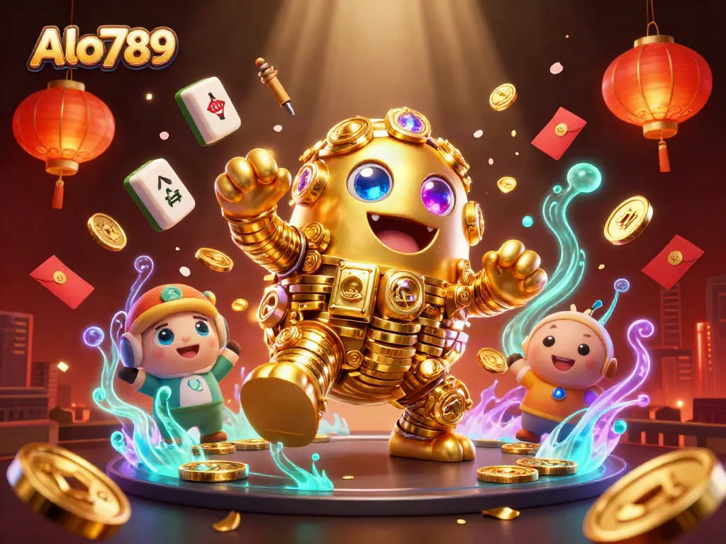 Alo789 features a golden golem surrounded by festive gambling elements, promoting excitement in online gaming.
