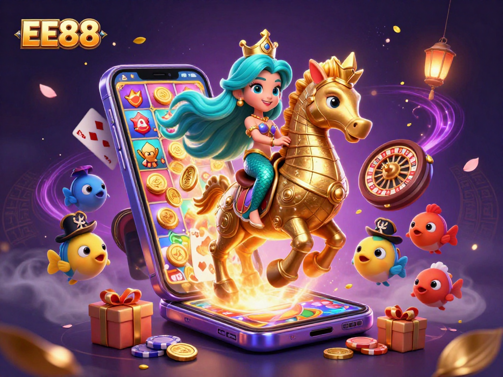 Spin to win with EE88 in a magical casino realm featuring a mermaid on a seahorse!