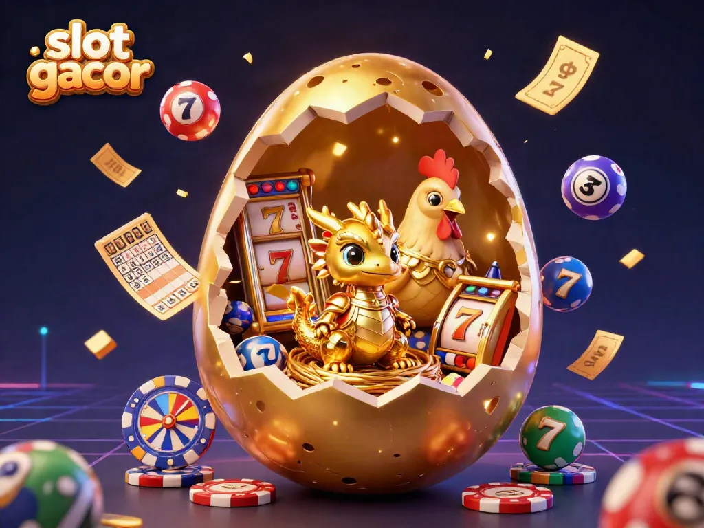Engage with slot gacor visuals featuring a baby dragon and poker chips amidst dynamic casino elements.