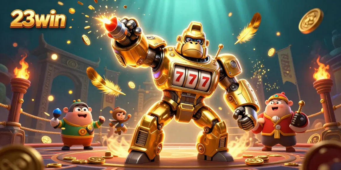 Experience the thrill of 23win casino action with a majestic golden gorilla mech winning jackpots!