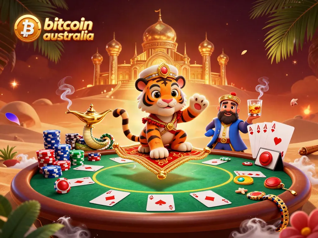 Experience the thrill of a bitcoin casino Australia with a vibrant scene featuring a tiger sultan and poker elements.