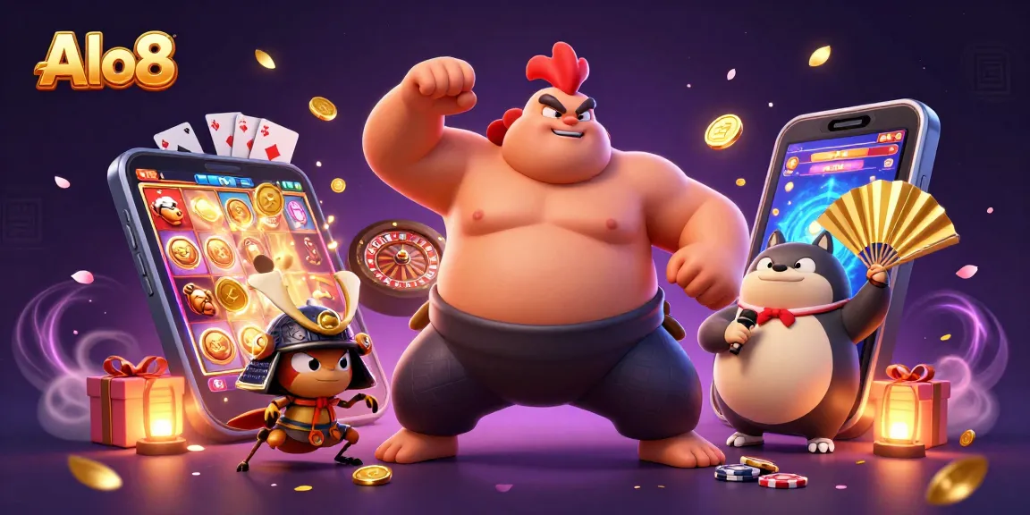 Experience the excitement of Alo8 with a dynamic casino scene featuring a sumo wrestler and samurai cricket.
