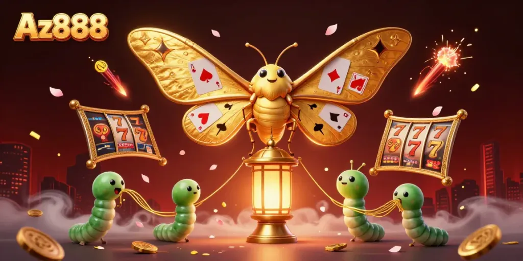 Experience the thrill of Az888 with a majestic moth and floating slot elements in a vibrant casino scene.