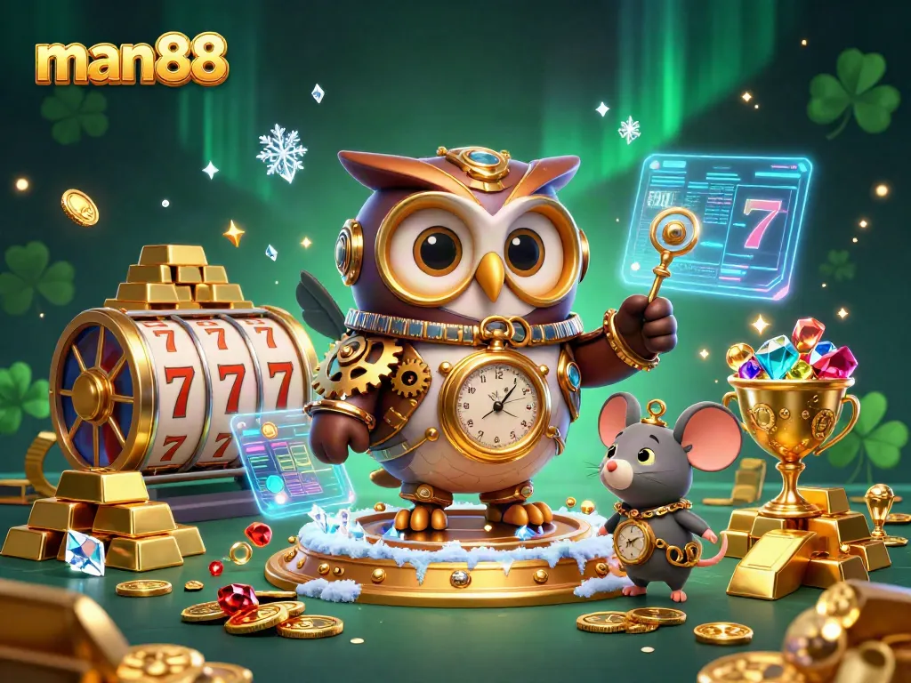 Spin the reels at man88 with a steampunk owl and treasures galore in a vibrant casino scene.
