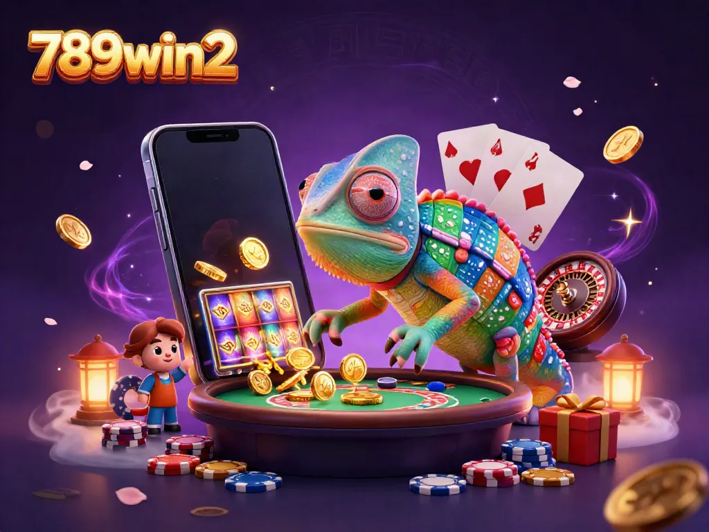 Experience thrilling casino gaming at 789win2 with a vibrant chameleon character amidst gold coins and slot games.