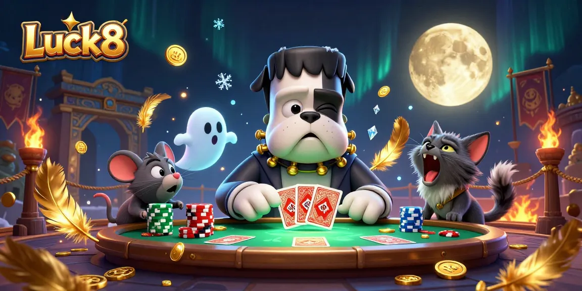 Experience thrilling gameplay at Luck8 with a lively scene featuring a Frankenstein bulldog dealer amidst exciting gaming elements.