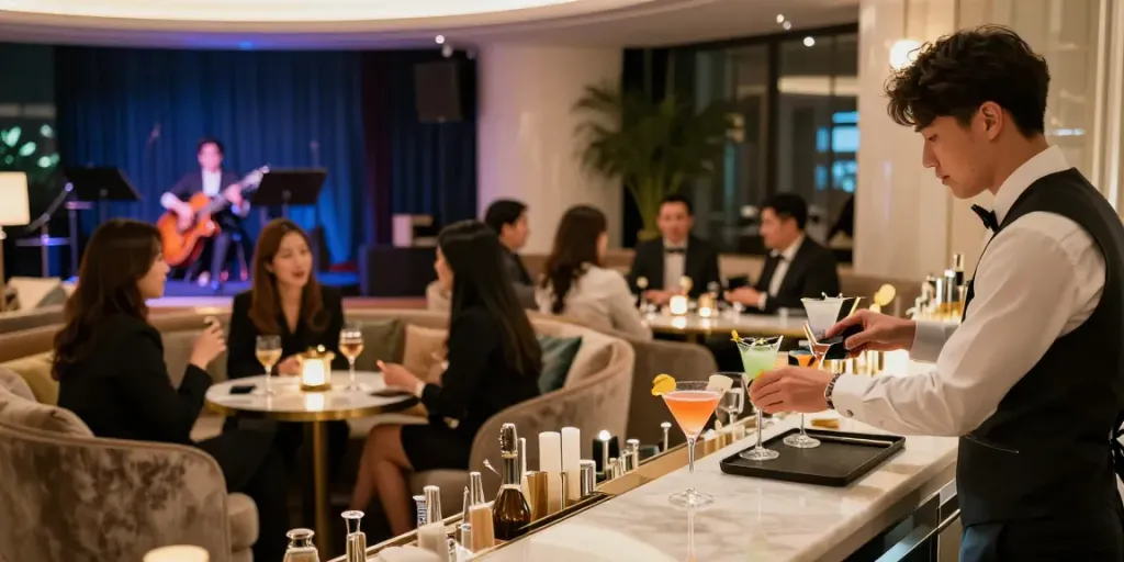강남세이렌 쩜오 바에서 제공되는 고급 칵테일과 함께 화려한 분위기 속에서 즐거운 시간을 보내는 손님들.