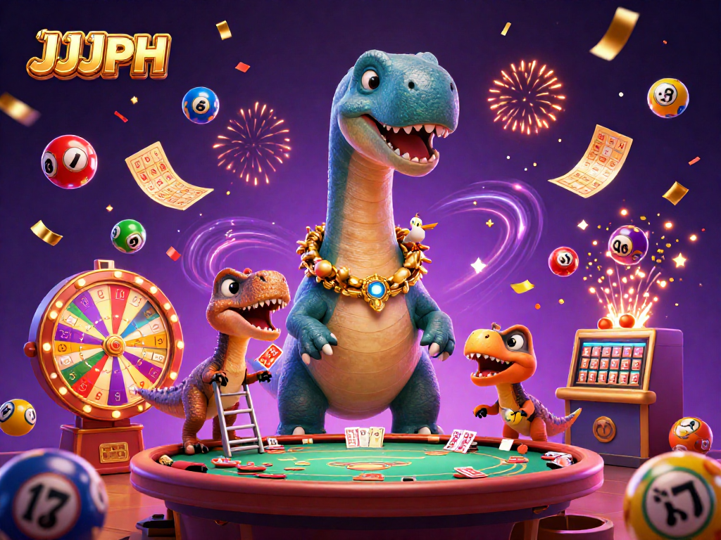 Engage with JJJPH’s vibrant casino scene featuring a massive brontosaurus dealer and a clever raptor card dealer.
