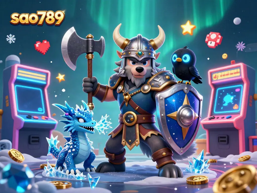 Join the adventure at sao789 with a Viking wolf warrior, dragon, and raven amidst vibrant gaming elements.