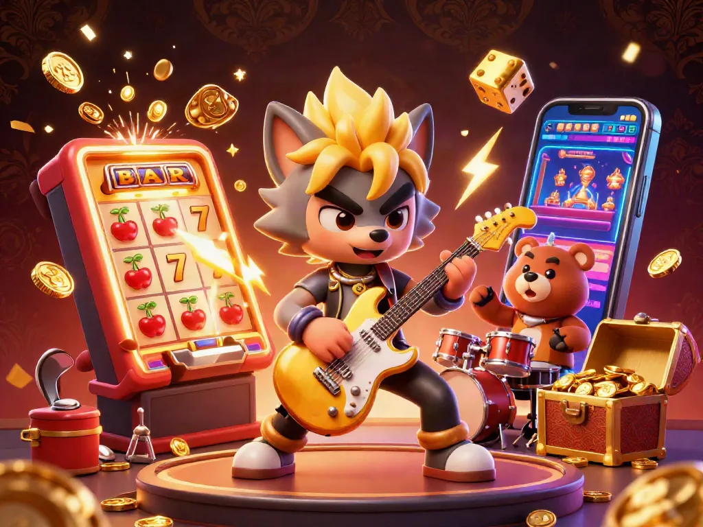 Spin the reels with yo88: a vibrant casino scene featuring a cartoon wolf rock star and a drummer bear.