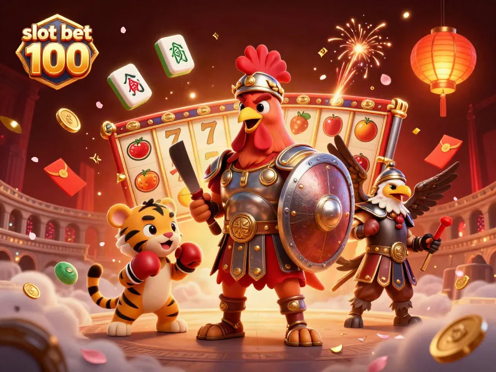 Ilustrasi slot bet 100 menampilkan ayam jantan gladiator dan elemen permainan yang memukau.