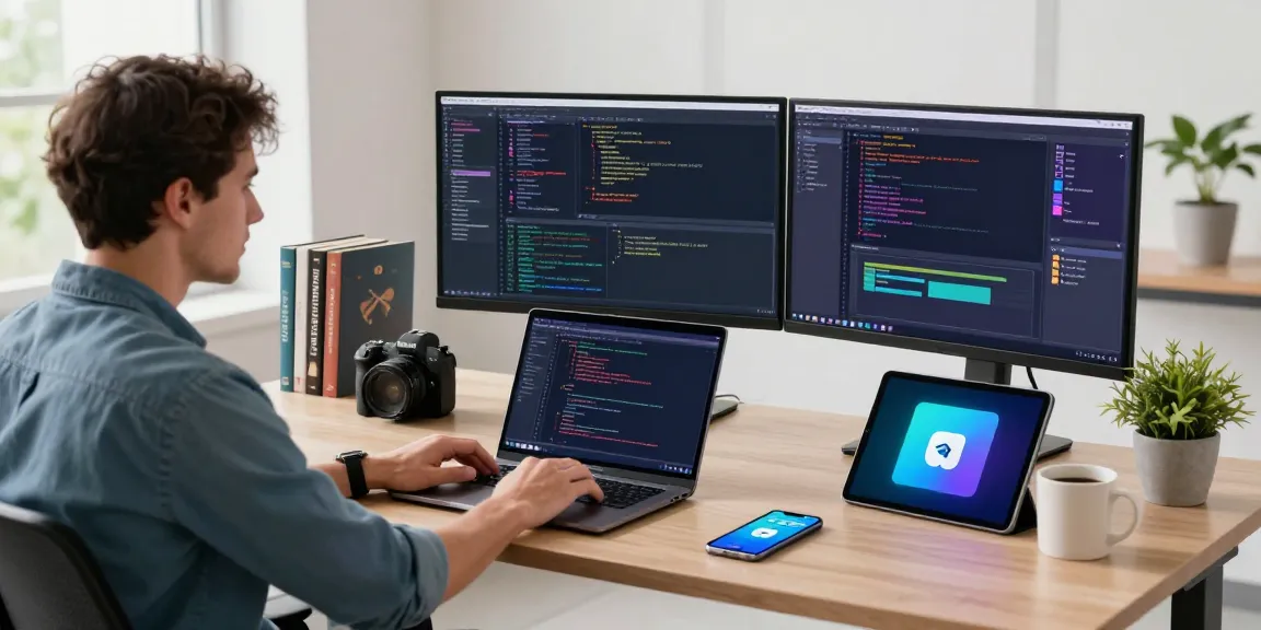 Modern tech workspace featuring a developer coding for the Telegram下载 app, showcasing an innovative and focused atmosphere.