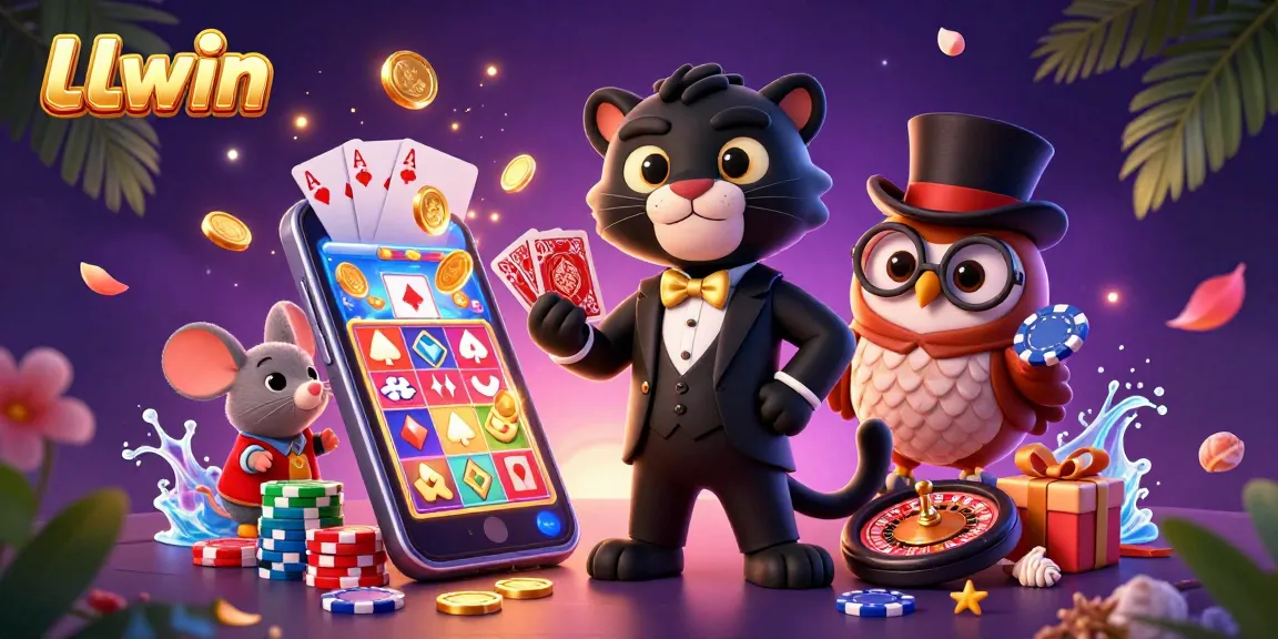 Experience the excitement at LLwin with a stylish panther dealing cards and vibrant slots in a dynamic casino scene.