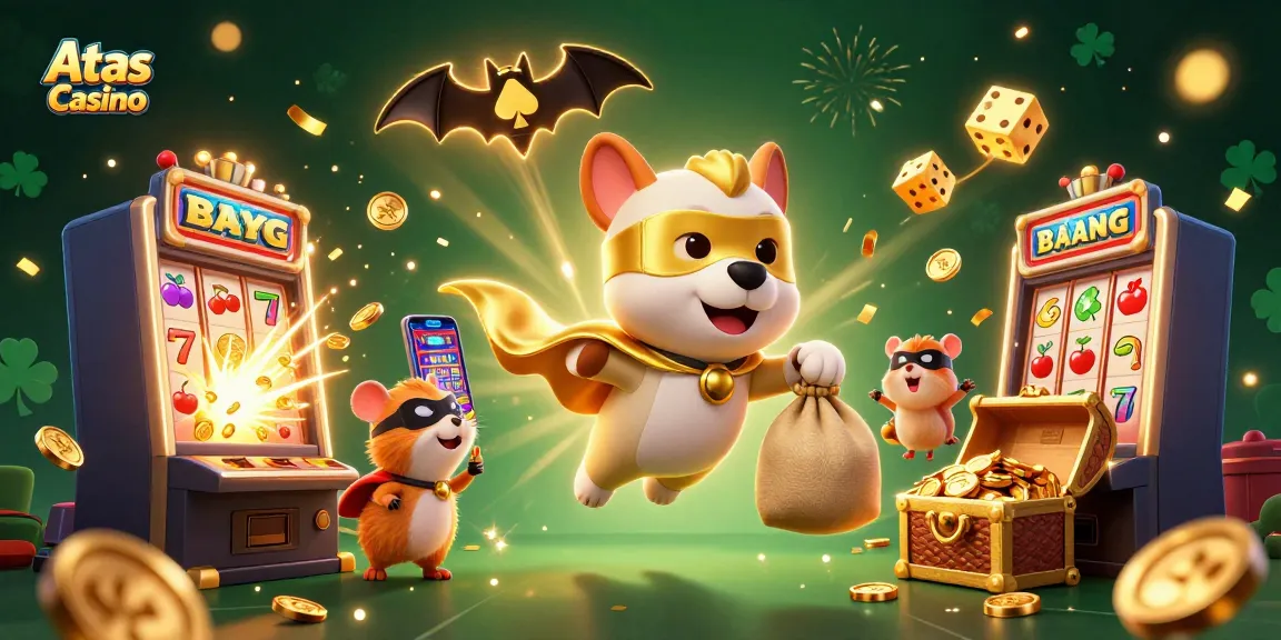 Atas Casino illustration featuring a superhero dog and hamster amidst jackpot symbols and festive gaming elements