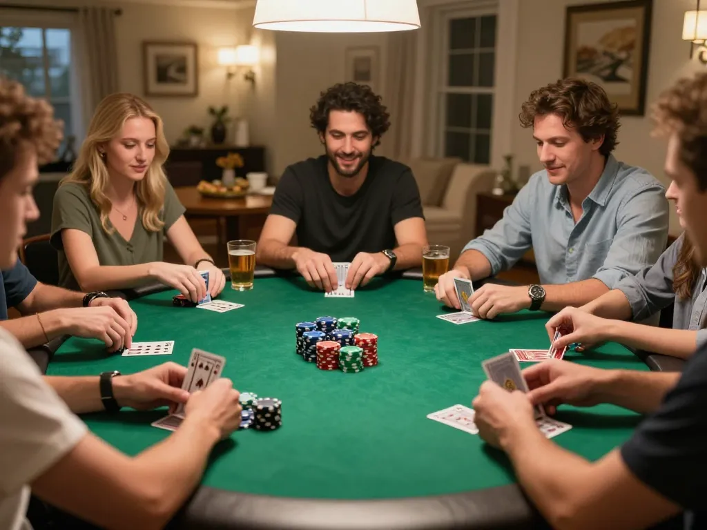 Engaging home poker game setting showing friends playing 789 WIN for social fun and strategy.