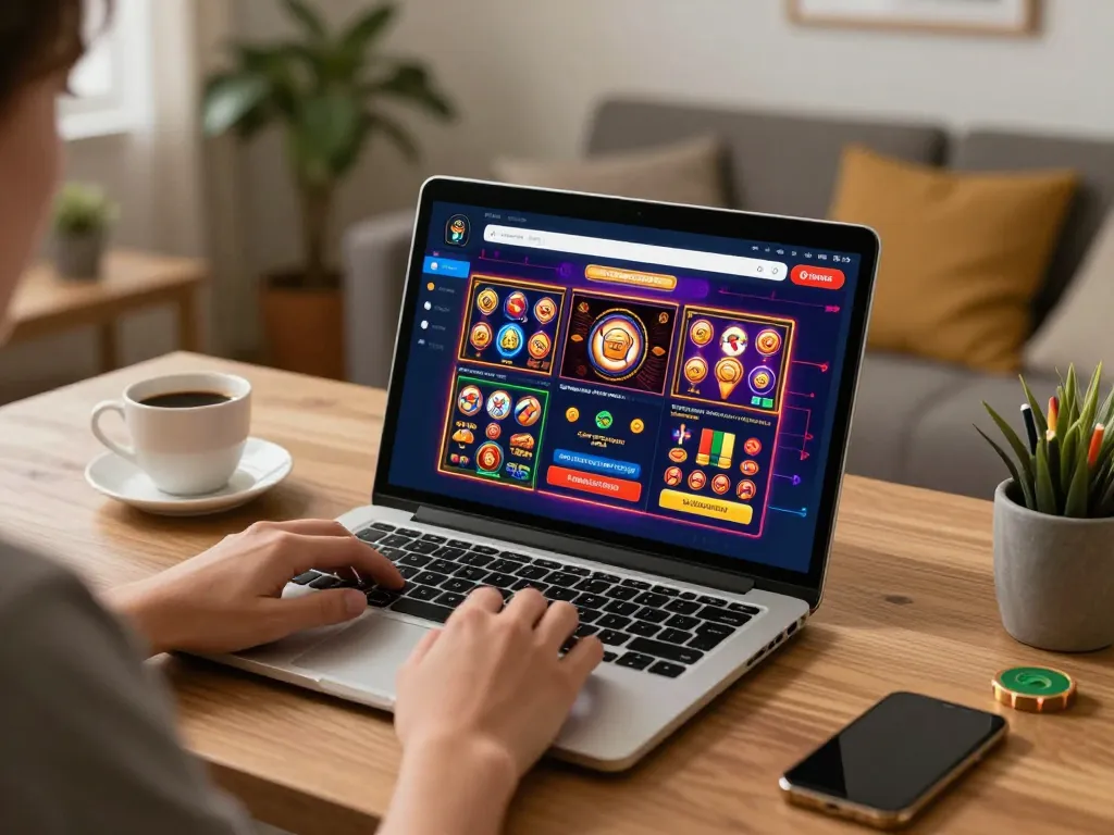 Playing RR88 online casino games on a laptop in a cozy home setting