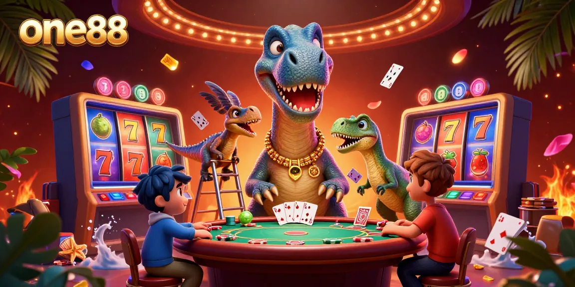 Engage with the vibrant world of one88, where a playful brontosaurus meets poker excitement.