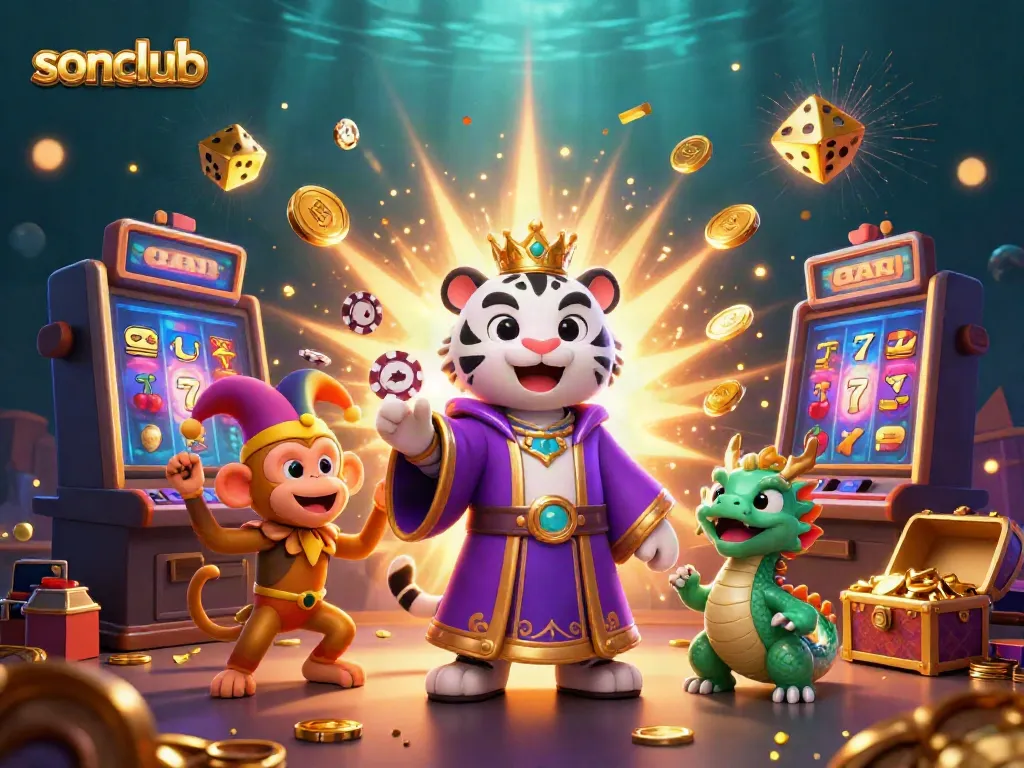 Experience the fun of SONCLUB with a dynamic 3D illustration featuring a tiger, monkey, and dragon in a vibrant casino setting.