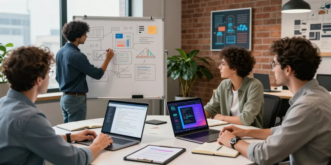 Build internal tools with AI in a modern office teamwork setting showcasing collaboration, whiteboard brainstorming, and tech innovation.