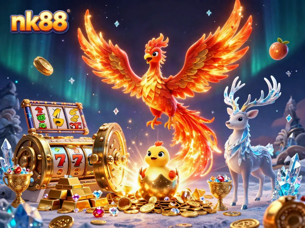 Experience ultimate wins with nk88 as a fire phoenix soars amidst slot reels and dazzling treasures.