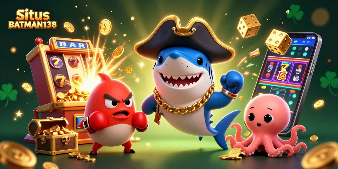 Situs BATMAN138 showcases a vibrant casino scene with cartoon characters celebrating a big win.