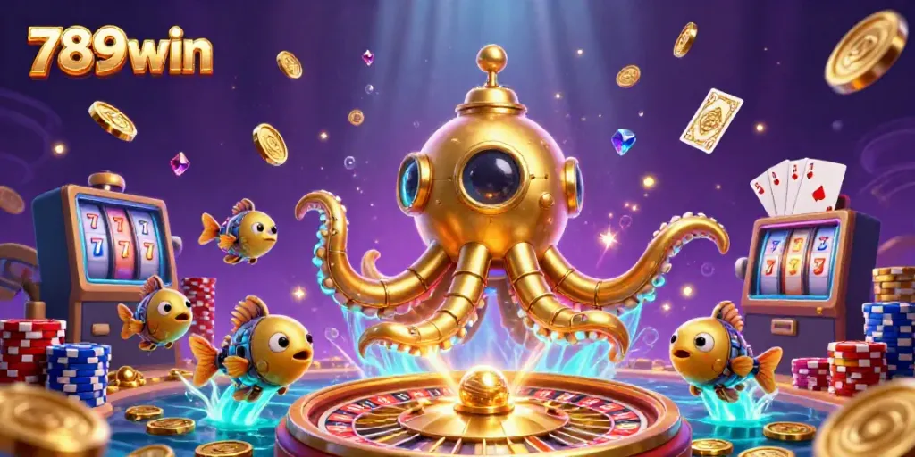 Play and win with 789win in this vibrant 3D casino scene featuring golden coins and thrilling game elements.