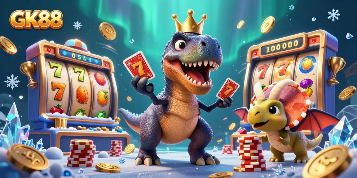 Experience GK88's exhilarating casino vibes with friendly dinosaurs and slot machine elements in a vibrant setting.