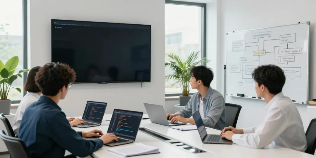 Team discussing Enterprise AI strategies in a modern workspace.