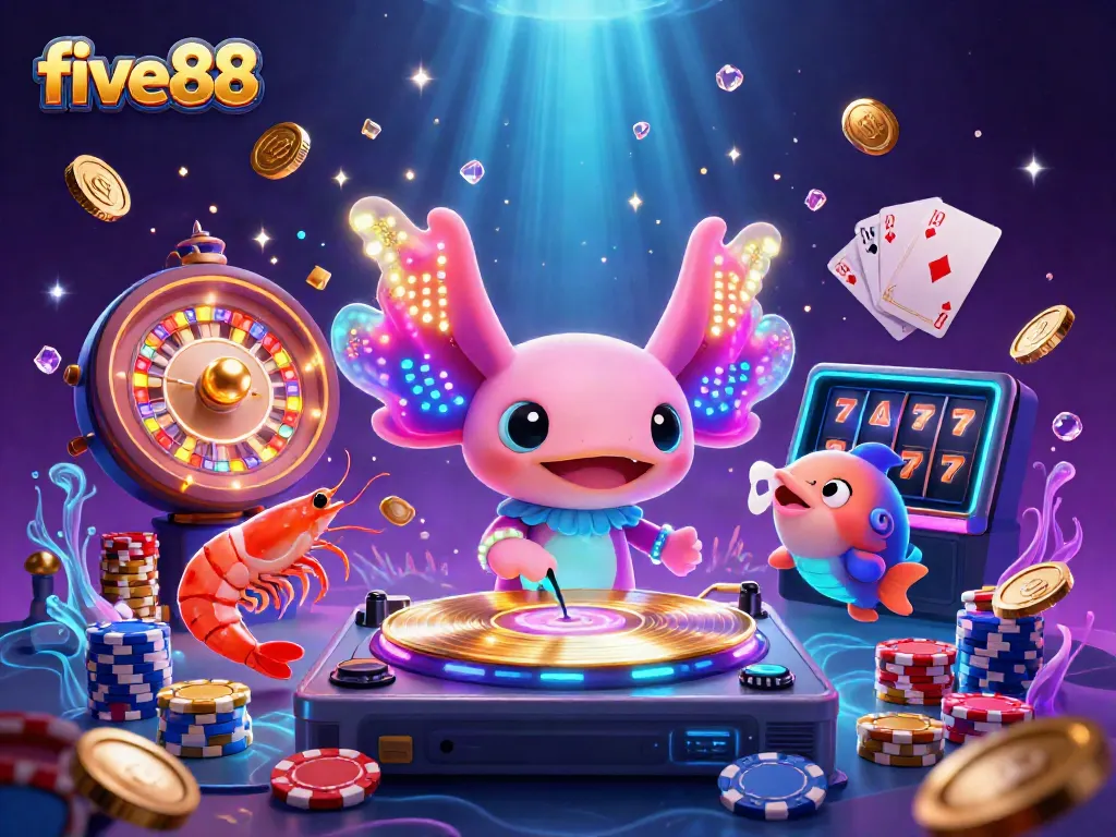 Experience the vibrant energy of five88 with a neon-colored DJ and dynamic underwater casino scene.