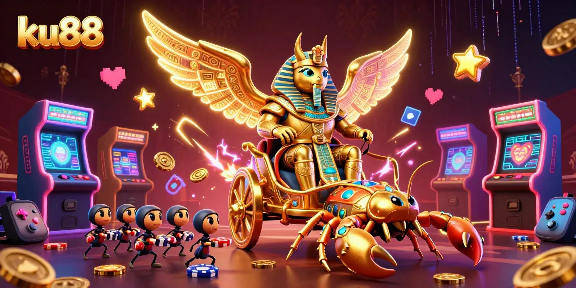 ku88 features a glowing golden scarab beetle and casino-themed gaming elements for high-stakes excitement.